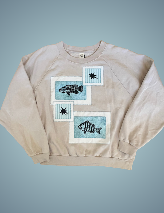 Linocut Patch Hoodie - Batik Grouper and Sheepshead (Upcycled)