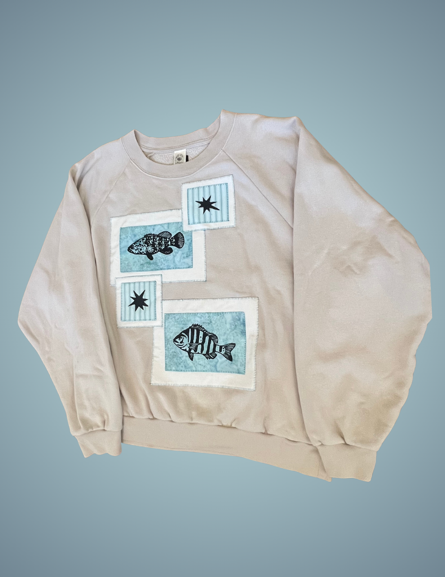 Linocut Patch Hoodie - Batik Grouper and Sheepshead (Upcycled)