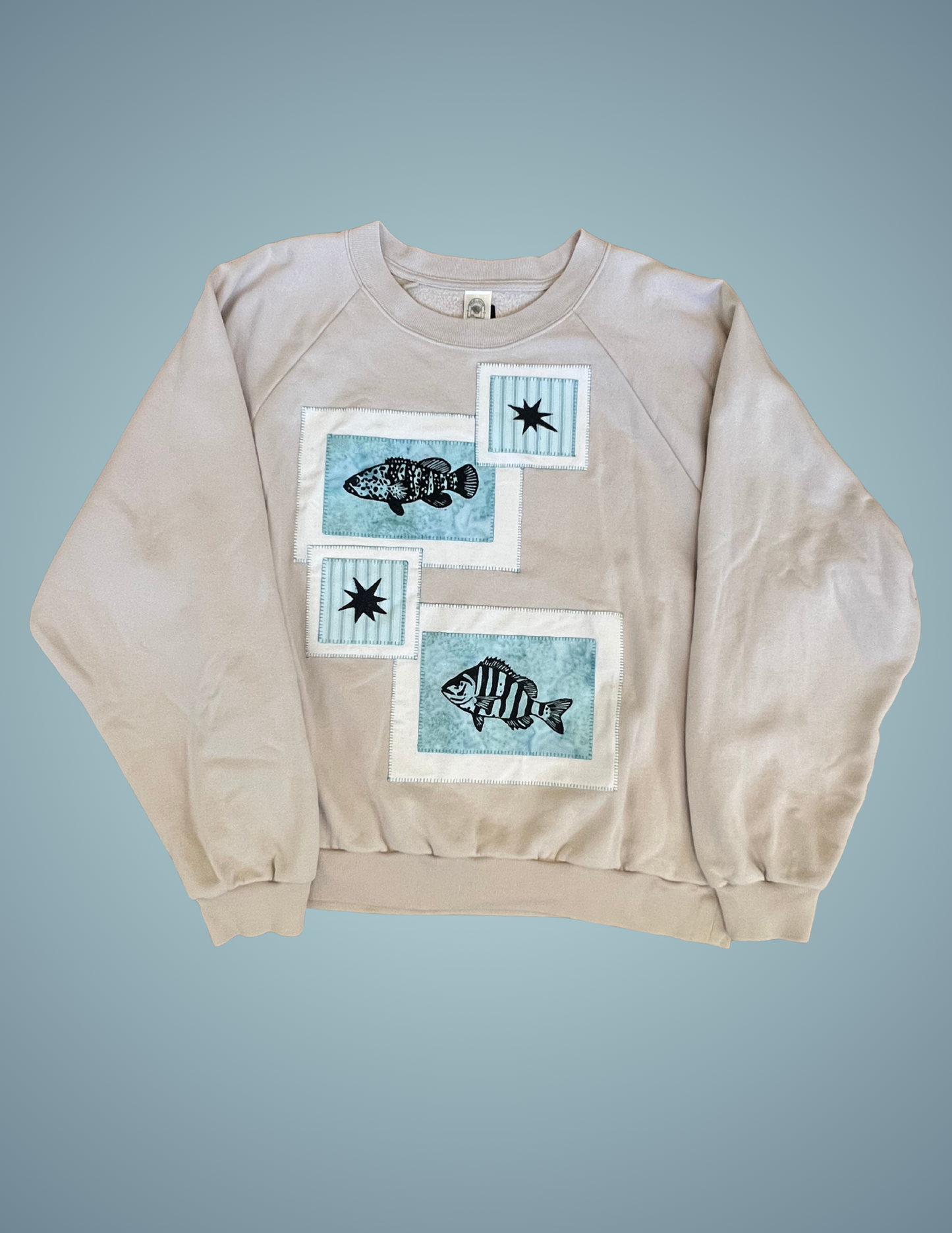 Linocut Patch Hoodie - Batik Grouper and Sheepshead (Upcycled)