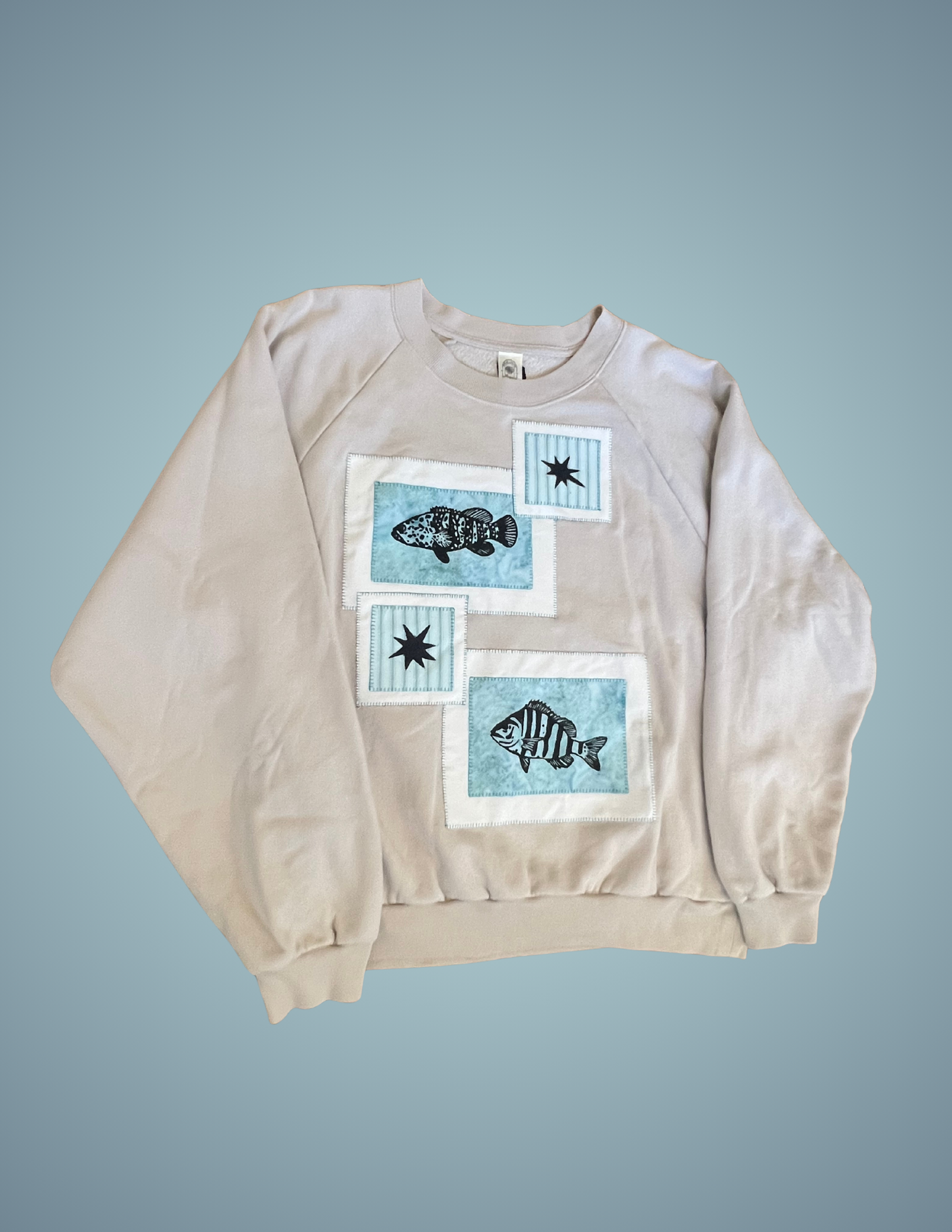 Linocut Patch Hoodie - Batik Grouper and Sheepshead (Upcycled)