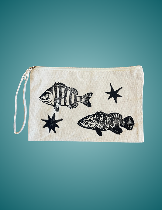 Hand Printed Linocut Grouper & Sheepshead - Medium Zip Pouch