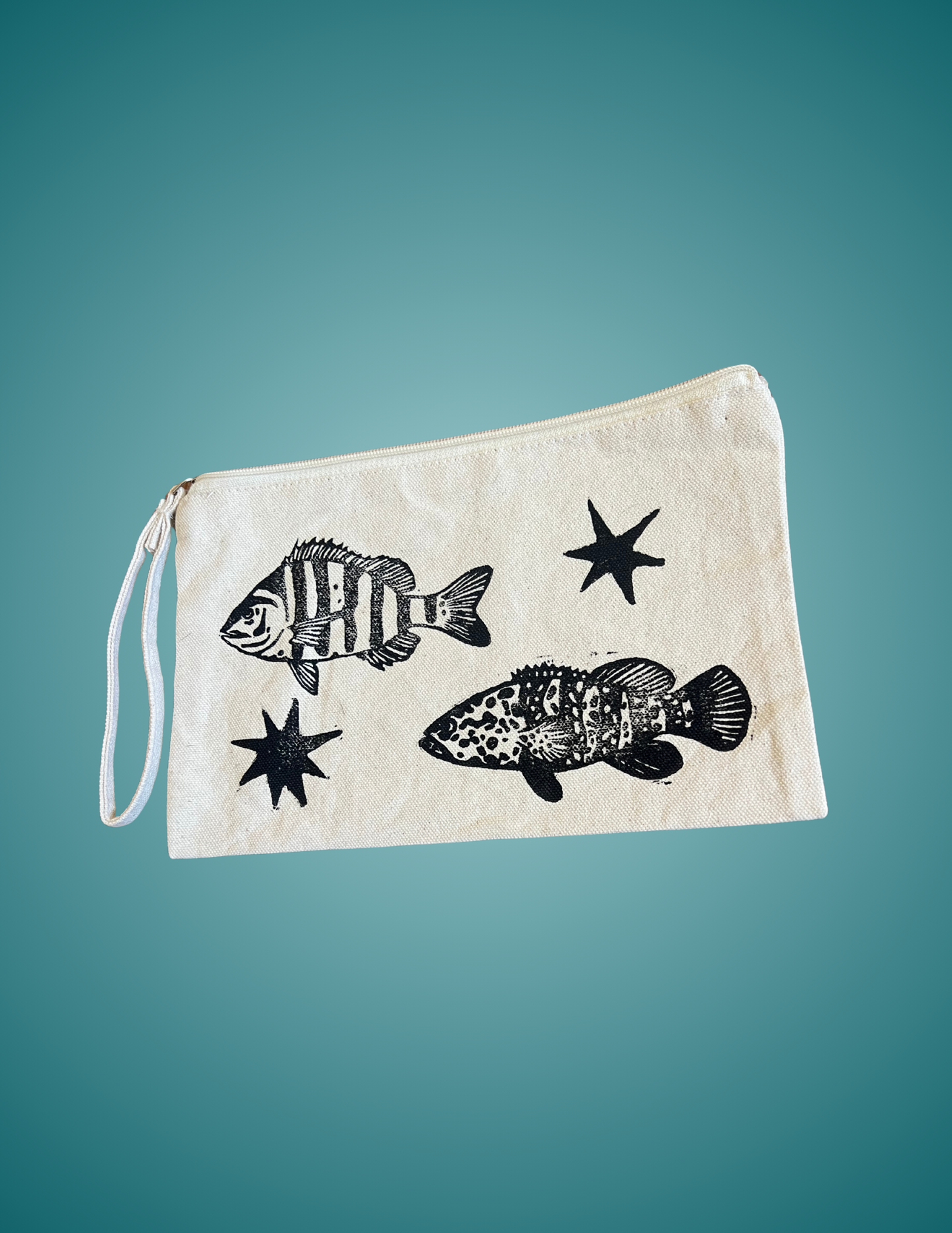 Hand Printed Linocut Grouper & Sheepshead - Medium Zip Pouch