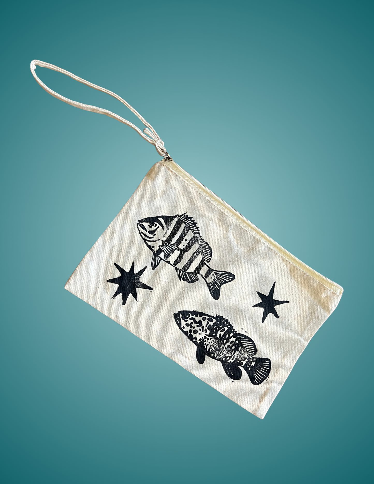 Hand Printed Linocut Grouper & Sheepshead - Medium Zip Pouch
