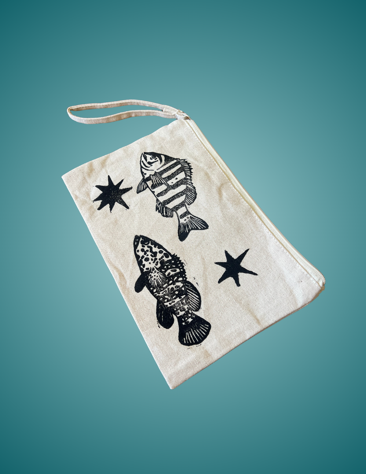 Hand Printed Linocut Grouper & Sheepshead - Medium Zip Pouch